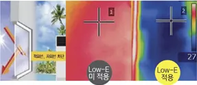 여름철 창가를 열화상 카메라로 찍어 Low-E 미적용 면과 적용 면의 온도를 나란히 비교한 사진