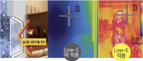 겨울철 실내를 열화상 카메라로 찍어 Low-E 미적용 면과 적용 면의 온도를 나란히 비교한 사진