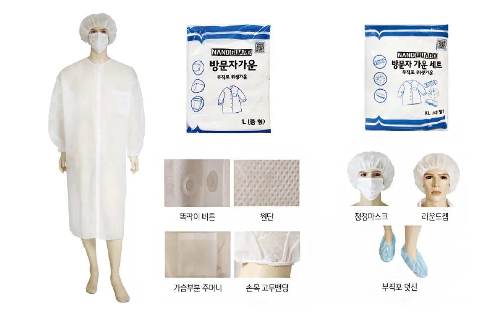 부직포 방문자 가운 착용 예시와 포장·원단 상세