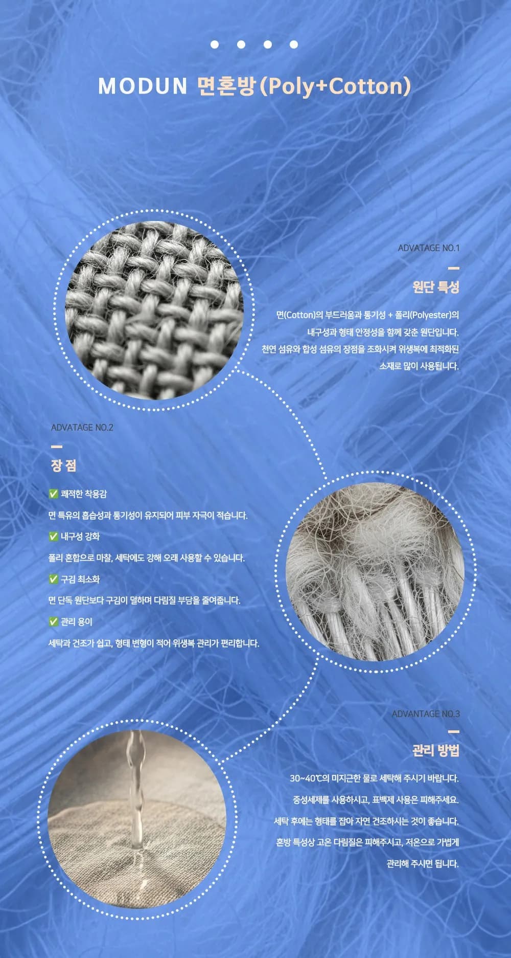 면혼방 원단 확대 사진과 특성 설명